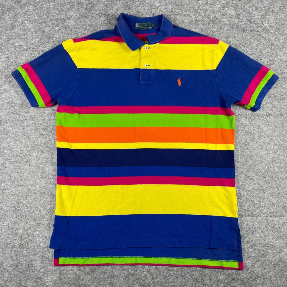 Polo Ralph Lauren Polo Shirt Mens Large Multi-Color Striped Pique Preppy 90s